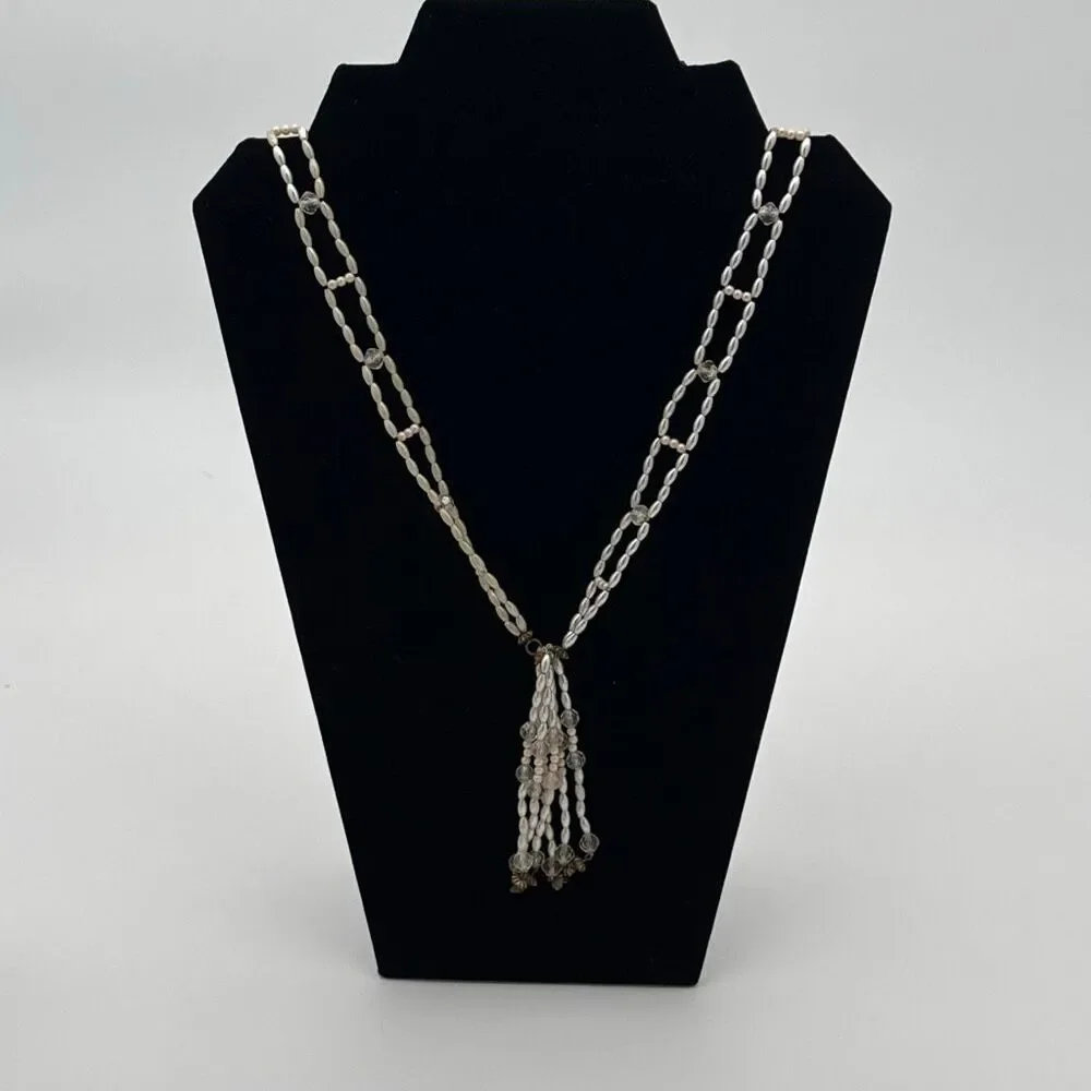 Vintage 1950s Faux Pearl Crystal Tassel Necklace Double Strand Mid Century State